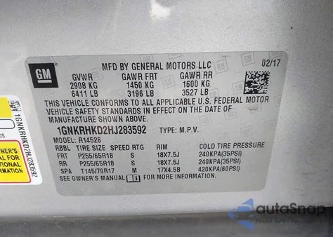 2017 Chevrolet Traverse 2Lt from USA, damaged, VIN 1GNKRHKD2HJ283592